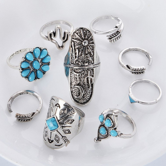 🍒 BOHO Silver Turquoise  Rings 🌵 Set of 9 - Picture 5 of 8